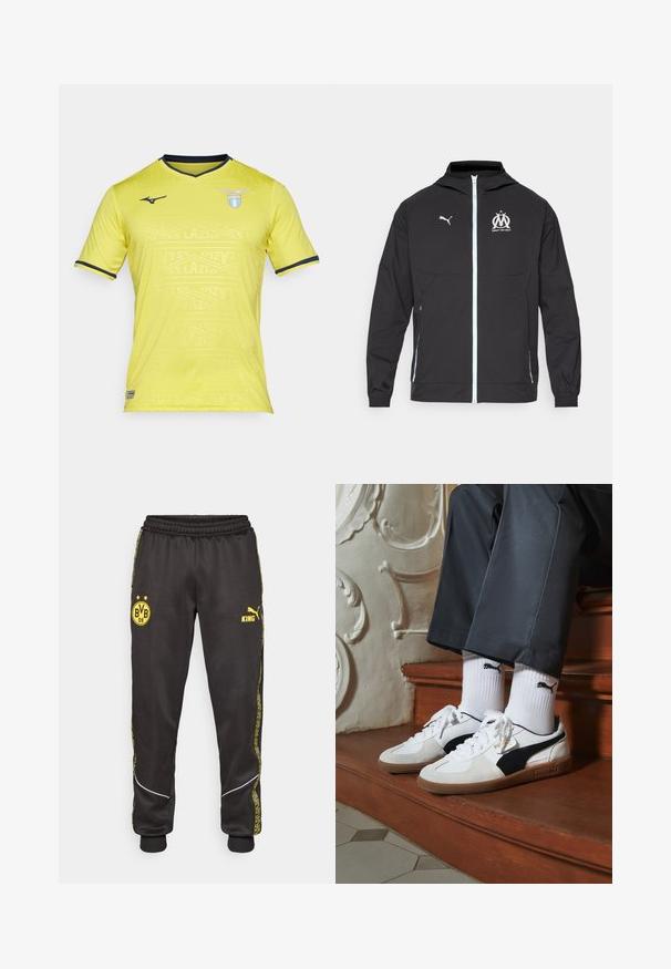 Svart lett jakke med hette, med glidelås foran, hvit Puma-logo og Marseille-design på brystet, elastiske mansjetter og sidelommer.; Gul kortermet fotballtrøye med V-hals, med et subtilt mønster og mørkeblå detaljer. Logoen til SS Lazio på venstre bryst.; Svarte treningsbukser med gule Borussia Dortmund BVB 09 og Puma King-logoer, elastisk liv, og mønstrede gule sidestriper.; Puma-sneakers i hvitt og svart semsket skinn, med en brun gummisåle. Kombinert med hvite sokker med en svart logo, båret med mørke bukser.