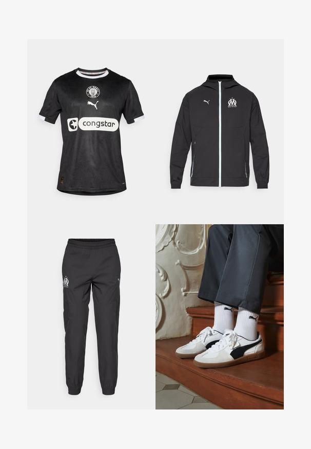 Schwarze, leichte Jacke mit Kapuze, ausgestattet mit einem Frontreißverschluss, weißem Puma-Logo und einem Marseille-Design auf der Brust, elastischen Bündchen und seitlichen Taschen.; Schwarzes Fußballtrikot mit einem subtilen Muster, weißen Akzenten an den Ärmeln und den Logos von Puma und Congstar auf der Vorderseite.; Schwarze Sporthose aus leichtem Stoff. Sie verfügt über einen elastischen Bund, Seitentaschen und graue Logos auf beiden Seiten.; Puma-Sneaker aus weißem und schwarzem Wildleder mit einer braunen Gummisohle. Kombiniert mit weißen Socken, die ein schwarzes Logo zeigen, getragen zu dunklen Hosen.