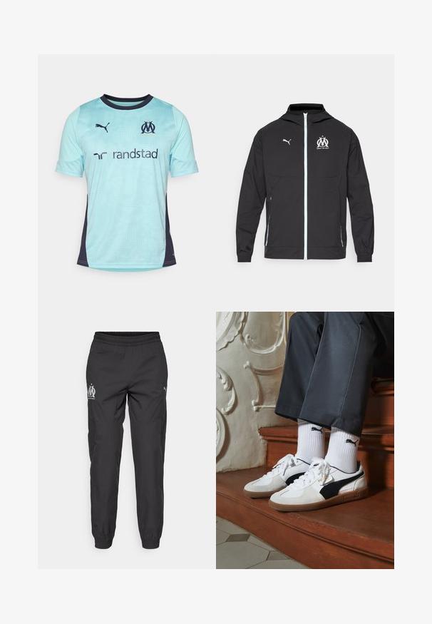 Svart lätt jacka med huva, med dragkedja fram, vit Puma-logotyp och Marseille-design på bröstet, elastiska manschetter och sidofickor.; Ljust blå kortärmad fotbollströja med mörk marinblå detaljer, har en texturerad mönster, rundad halsringning och logotyper på bröstet och ärmarna.; Svarta träningsbyxor i lättviktsmaterial. Har en elastisk midja, sidofickor och grå logotyper på varje sida.; Puma-sneakers i vit och svart mocka, med en brun gummisula. Kombinerade med vita strumpor som visar upp en svart logotyp, bärs tillsammans med mörka byxor.