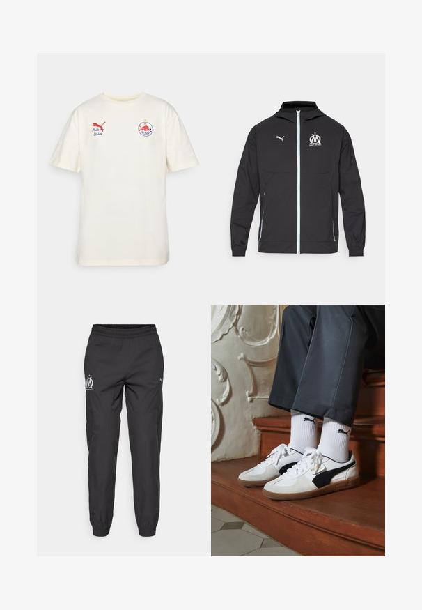 Svart lett jakke med hette, med glidelås foran, hvit Puma-logo og Marseille-design på brystet, elastiske mansjetter og sidelommer.; Kremfarget bomull t-skjorte med korte ermer. Har rød Puma-logo og brodert FC Salzburg-merke på forsiden. Rund halslinning.; Svarte treningse pants laget av lett materiale. Har elastisk midje, sidelommer og logoer i grått på hver side.; Puma-sneakers i hvitt og svart semsket skinn, med en brun gummisåle. Kombinert med hvite sokker med en svart logo, båret med mørke bukser.