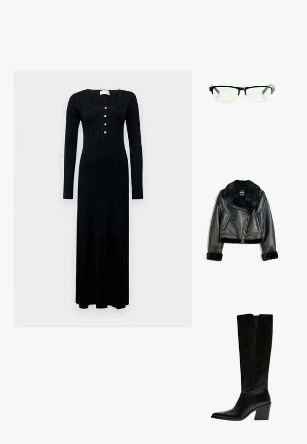 Černá faux kožená motocyklová bunda s plyšovým límcem, manžetami a spodním lemem, s šikmým zipem a dvěma zipovými předními kapsami.; Černé žebrované maxi šaty s dlouhými rukávy, čtvercovým výstřihem a pěti dekorativními knoflíky vpředu, s obepínajícím střihem a hladkým povrchem.; Černé kozačky po kolena vyrobené z hladké kůže, s špičatou špičkou, blokovým podpatkem a výřezem ve tvaru V na vrchu.; Černé obdélníkové brýle s průhlednými čočkami, s elegantními černými obroučkami a šedými průhlednými koncovkami. Minimalistický design, bez viditelného brandingu.