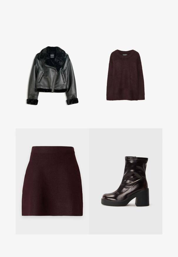 Schwarze Kunstleder-Bikerjacke mit plüschigem Fellkragen, -manschetten und -saum, diagonalem Reißverschluss und zwei Reißverschlusstaschen vorne.; Burgunderfarbener Wollpullover mit Rundhalsausschnitt, lockerer Passform, langen Ärmeln und einer weichen Textur. Keine Muster oder Verzierungen.; Burgunderfarbene Minirock mit einem engen Bund, glatter Textur und ausgestellter Silhouette. Einfaches Design ohne Muster oder metallische Details.; Glänzende schwarze Knöchelstiefel mit klobigem Blockabsatz und runder Zehenpartie, Obermaterial aus glattem Leder mit dezenten Nähdetails.