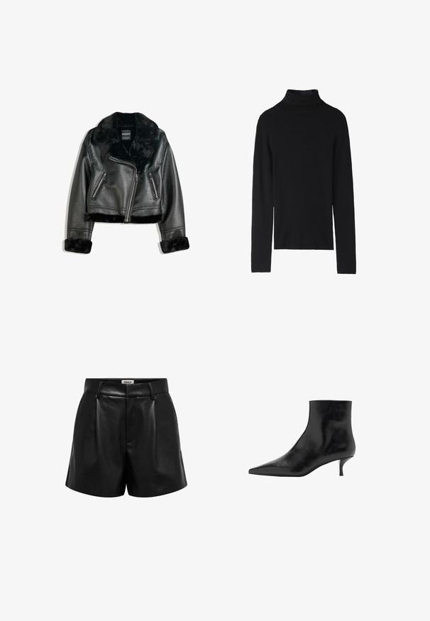 Giacca da motociclista in finta pelle nera con colletto, polsini e bordo in pelliccia morbida, caratterizzata da una zip diagonale e due tasche frontali con zip.; Maglione a collo alto nero con maniche lunghe, texture a coste, design attillato e scollo alto. Senza hardware o pattern visibili.; Shorts neri in finta pelle a vita alta con passanti per cintura, pieghe frontali e chiusura con zip nascosta, etichettati "ONLY" all'interno della vita.; Stivale alla caviglia in pelle nera con punta affusolata, tacco a kitten slim e superficie liscia. Design semplice, senza decorazioni.