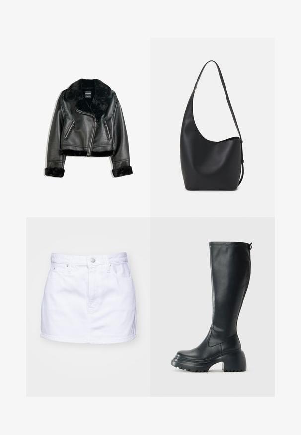 Fekete műbőr motoros dzseki bolyhos szőrme gallérral, mandzsettákkal és aljjal, átlós cipzárral és két cipzáros elülső zsebbel.; Bershka ROUND NECK - Pulóver - beige; Fehér vászon mini szoknya derékrésszel, elülső gombos záródással és két oldalsó zsebből. Sima textúrájú és rövid fazonú.; Magas fekete bőrcipő, vastag platform talppal és blokk sarokkal, húzófüllel és texturált profillal az outsole-on.; Fekete bőr hobo táska sima textúrával, ívelt formával és egyetlen állítható pánttal; széles nyílás található a tetején.