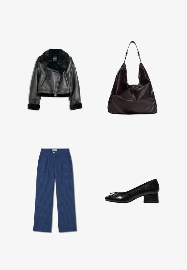 Zwarte neplederen motorjack met een pluizige hals, manchetten en zoom, voorzien van een diagonale rits en twee ritszakken aan de voorkant.; Marineblauwe trui met V-hals, lange mouwen, geribbelde boorden en zoom. Gemaakt van zacht breimateriaal, met een relaxte pasvorm en een minimalistisch ontwerp.; Thinking Mu MANOLITA - Broek - blue; Zwarte gepatineerde leren pump met een ronde neus, kleine blokhak en strikaccent aan de voorkant. Soepele textuur met een glanzende afwerking.; Donkerbruine leren handtas met een slappe vorm, brede opening en een enkele schouderband. Bevat subtiele stikselaccenten.