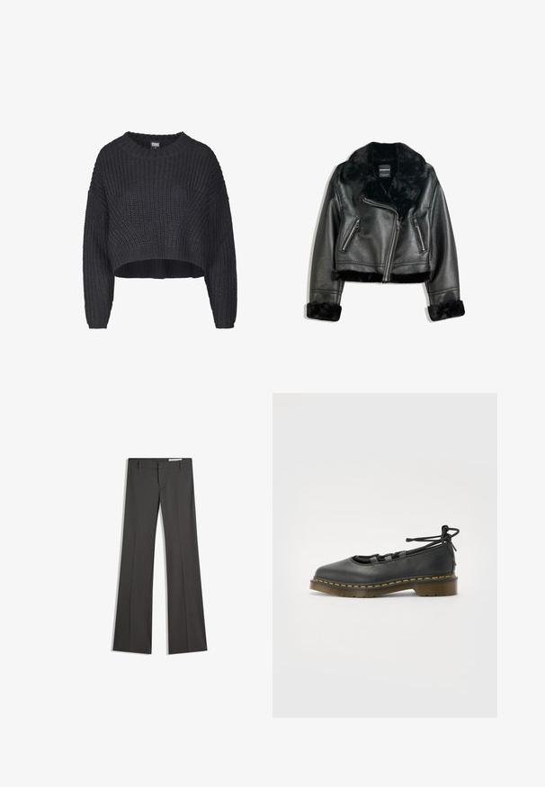 Giacca da motociclista in finta pelle nera con colletto, polsini e bordo in pelliccia morbida, caratterizzata da una zip diagonale e due tasche frontali con zip.; Maglione nero a maglia tagliato, caratterizzato da un tessuto testurizzato, scollo rotondo e maniche lunghe oversize.; Pantaloni grigi a campana in un tessuto morbido, con vita piatta, passanti per la cintura e un design su misura con linee pulite.; Scarpa in pelle nera con punta arrotondata, tacco basso, dettagli in pizzo e cuciture gialle lungo la suola. Texture liscia con finitura opaca.