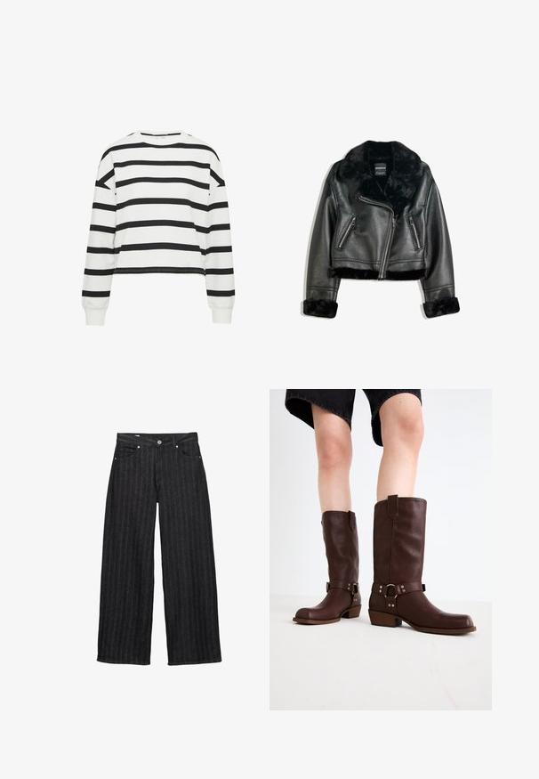 Zwarte neplederen motorjack met een pluizige hals, manchetten en zoom, voorzien van een diagonale rits en twee ritszakken aan de voorkant.; Witte cropped sweatshirt met zwarte horizontale strepen, lange mouwen, ronde halslijn en geribde boorden en zoom. Zachte textuur.; Brede jeans in donkergrijze denim met verticale strepen, met een knoopsluiting, twee voorkanten zakken en een rechte zoom.; Bruine leren kniehoge laarzen met een ronde neus, gestructureerd oppervlak, enkelriem en zilveren hardware-detail; opgestapelde hak.