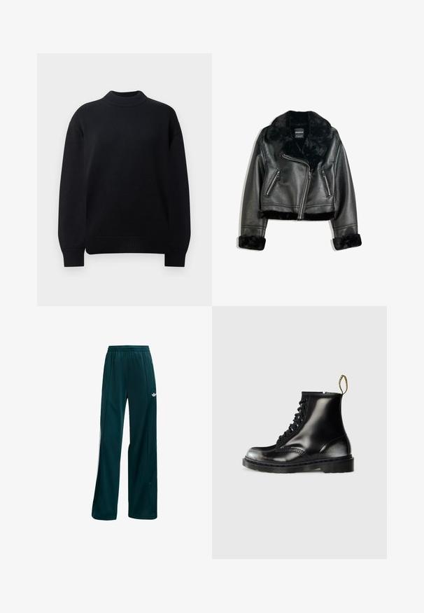 Črna umetna usnjena kratka jakna za motoriste s puhasto krzneno ovratnico, zapestji in robom, z diagonalnim zadrgo in dvema zadrgo zaprtima sprednjima žepoma.; Črn pleten pulover z rebrastim okroglim ovratnikom, spuščeni rameni ter rebrastim manšetami in robom. Enostaven, enobarven dizajn.; Temnozelene športne hlače iz lahko tkanine, enostavnega dizajna, z elastičnim pasom in belimi stranskimi poudarki.; Črne usnjene gležnjarje s sijajno površino, osem luknjicami, črnimi vezalkami in zanko za pomoč pri obuvanju. Imajo teksturiran podplat z globokim profilom.