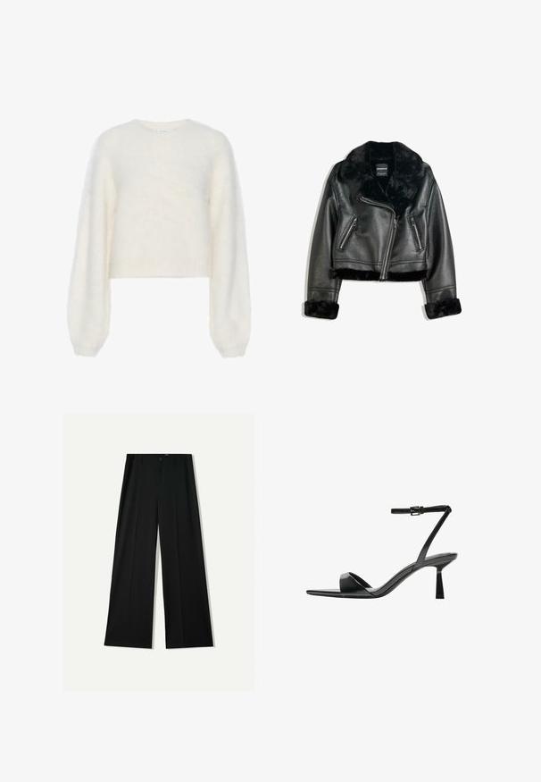 Czarna kurtka motocyklowa z sztucznej skóry z puszystym futrzanym kołnierzem, mankietami i dołem, z ukośnym zamkiem błyskawicznym oraz dwoma przednimi kieszeniami zapinanymi na zamek.; Gestuz SABI mleczny; Bershka WIDE czarny; Bershka - Sandały na obcasie