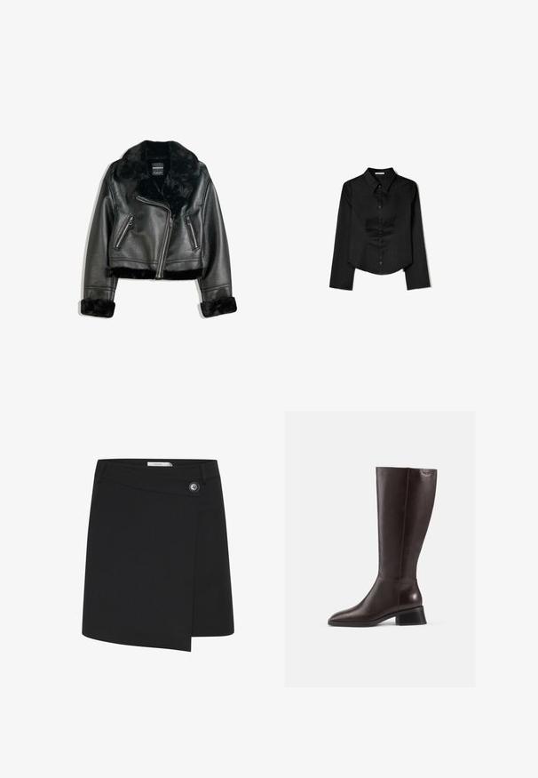 Schwarze Kunstleder-Bikerjacke mit plüschigem Fellkragen, -manschetten und -saum, diagonalem Reißverschluss und zwei Reißverschlusstaschen vorne.; Schwarzes Langarmshirt aus glattem Stoff, mit spitzem Kragen, vorderem Knopfverschluss und einem gekürzten Saum mit seitlichen Schlitzen.; Schwarzer Wickelrock aus glattem Stoff, mit einem seitlichen Knopfdetail und einem asymmetrischen Saum für ein strukturiertes Aussehen.; Knöchelhohe, braune Lederstiefel mit glatter Oberfläche, abgerundeter Spitze und gestapeltem schwarzen Absatz. Schlichtes Design mit minimalen Hardware-Details.