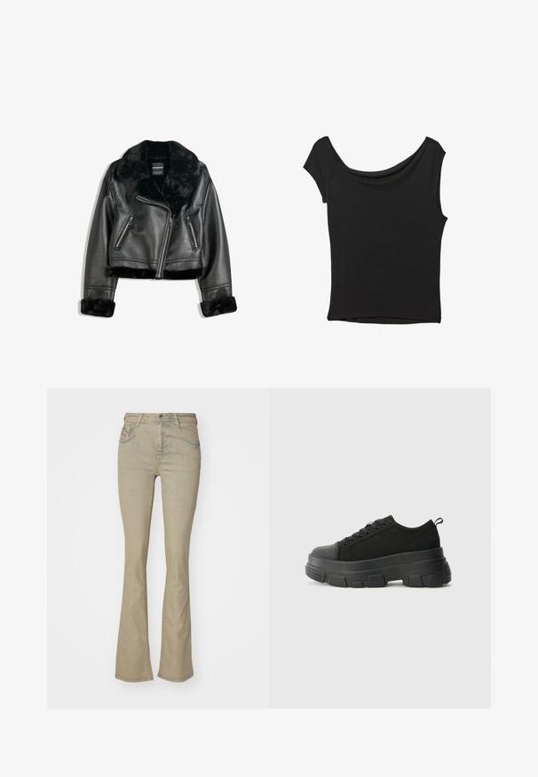Črna umetna usnjena kratka jakna za motoriste s puhasto krzneno ovratnico, zapestji in robom, z diagonalnim zadrgo in dvema zadrgo zaprtima sprednjima žepoma.; Črna kratka majica s kratkimi rokavi iz gladkega blaga; ima drapiran izrez in asimetrično spodnjo rob, s prilegnjenim telesom.; Svetlo bež razširjene kavbojke z visokim pasom, izdelane iz denima. Imajo subtilno šivanje, pet žepov in kovinsko zapiranje na gumb.; Črne teniske z debelim gumijastim podplatom, zgornji del iz teksturirane tkanine, okrogla punta in zavezovanje z vrvicami. Vključujejo ojačane luknje za vrvice in zanko na hrbtu.