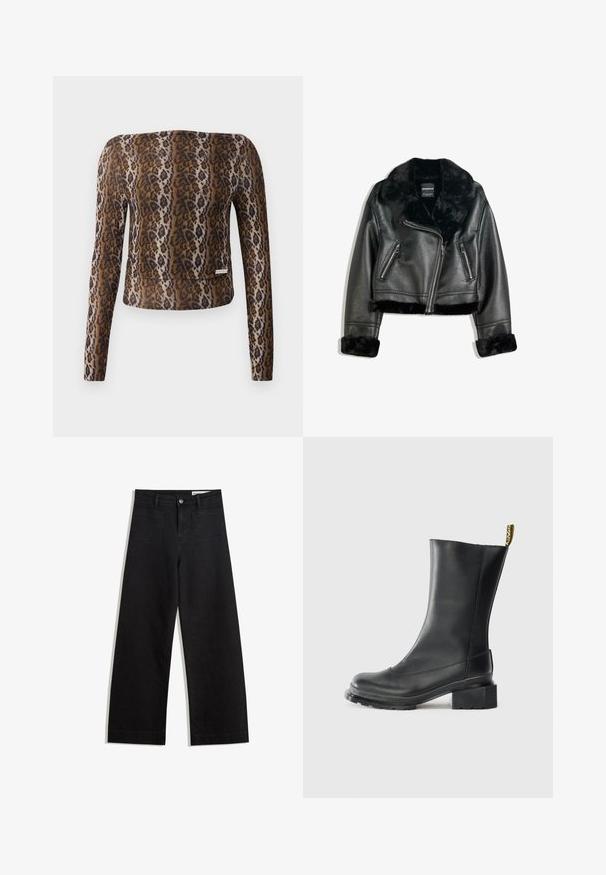 Giacca da motociclista in finta pelle nera con colletto, polsini e bordo in pelliccia morbida, caratterizzata da una zip diagonale e due tasche frontali con zip.; Top corto a maniche lunghe in stampa leopardata, con una texture morbida, palette di colori marrone e nero, e un sottile logo accentuato all'orlo.; Pantaloni in denim neri a gamba larga con vita alta, dotati di tasche anteriori e posteriori, cuciture a punto, e chiusura con bottone. Texture liscia.; Stivale alla caviglia in pelle nera con tacco a blocco, texture liscia, punta rotonda e linguetta sul tallone con branding giallo.