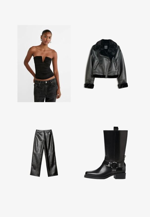 Crna jakna od umjetne kože s bikerskim stilom, s plišanom kragnom, manžetama i rubom, s dijagonalnim patentnim zatvaračem i dva patentna zatvarača na prednjim džepovima.; Crna majica bez naramenica s dubokim V-izrezom i nabranom teksturom. Uparena s trapericama visokog struka tamnog denima koje imaju dugmad i prednje džepove.; Crne kožne hlače širokog kroja sa glatkom teksturom, dizajnom s pet džepova i šivenim detaljima duž nogu i struka.; Crne kožne čizmice do koljena s šiljastim prstima, sličnim srebrnim kopčama i debelim potplatima. Imaju rupicu za lakše oblačenje.