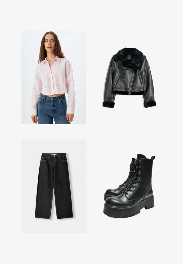 Czarna kurtka motocyklowa z sztucznej skóry z puszystym futrzanym kołnierzem, mankietami i dołem, z ukośnym zamkiem błyskawicznym oraz dwoma przednimi kieszeniami zapinanymi na zamek.; Różowa krótka koszula z lekkiego materiału, z zapinaniem na guziki, spiczastym kołnierzykiem i dekoracyjnymi kokardkami na rękawach. W połączeniu z niebieskimi dżinsami.; Czarne dżinsy o szerokich nogawkach z pięcioma kieszeniami, metalowym guzikiem i zapięciem na zamek, oraz kontrastowym żółtym przeszyciem wzdłuż szwów.; Bershka TRACK czarny