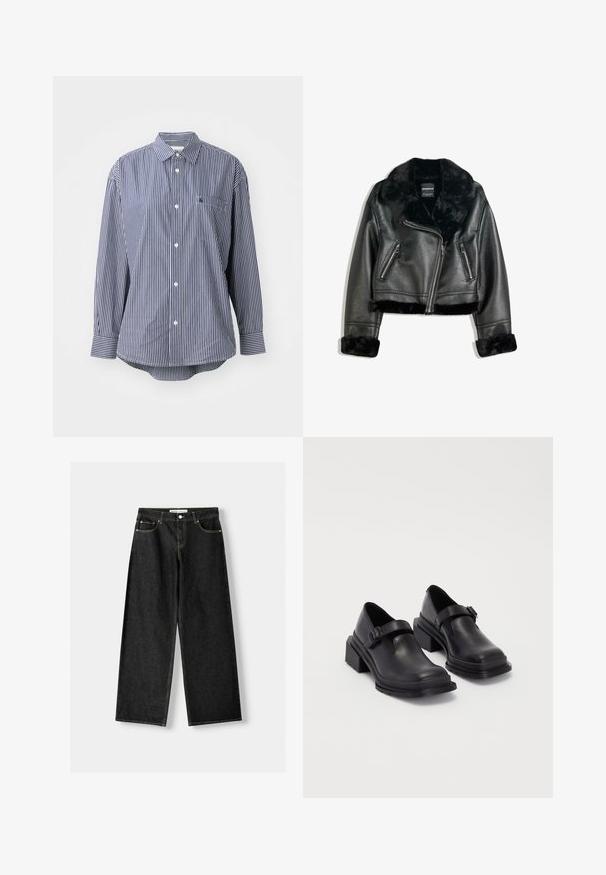 Zwarte neplederen motorjack met een pluizige hals, manchetten en zoom, voorzien van een diagonale rits en twee ritszakken aan de voorkant.; Marineblauw en witte gestreepte langslavenshirt met een klassieke kraag, een borstzak en knoopsluiting. Zachte stof met een gladde textuur.; Zwarte denim wijde jeans met vijf zakken, metalen knoop en ritsluiting, en contrasterende gele stiksels langs de naden.; Zwarte leren schoenen met een ronde neus, platte zool en een band met een gespdetail. Stevige blokhak voor extra stabiliteit.