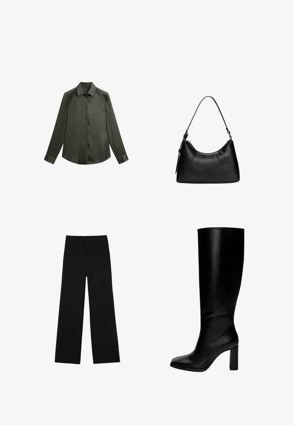Black faux leather biker jacket with plush fur collar, cuffs, and hem, featuring diagonal zipper and two zippered front pockets.; Dark green satin shirt with a collared neckline, long sleeves, and button front closure; features a smooth, glossy texture.; Black wide-leg trousers made of smooth fabric, featuring a front button closure and two pleats for added detail. Tailored design overall.; Black knee-high leather boots with a square toe and chunky heel. Smooth texture, fitted design, and no visible hardware or patterns.; Black synthetic leather handbag with a curved shape, short handle, zipper closure, and subtle textured pattern on the surface.