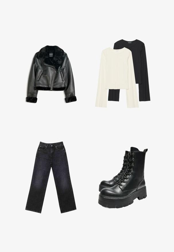 Musta keinonahkainen biker-takki, jossa on ylellinen turkiskaulus, hihansuut ja helma. Takissa on viisto vetoketju ja kaksi vetoketjullista etutaskua.; Kaksi pitkähihainen puseroa valkoisena ja mustana. Varren neulos, pyöreä kaulus, tiukka malli, jossa on hieman levenevät hihat.; Korkeavyötäröiset mustat farkut, joissa on leveä lahje, viisi taskua ja näkyvät tikkaukset. Kangas on sileä, hieman teksturoitu pinnaltaan.; Bershka TRACK - Platform-nilkkurit - black