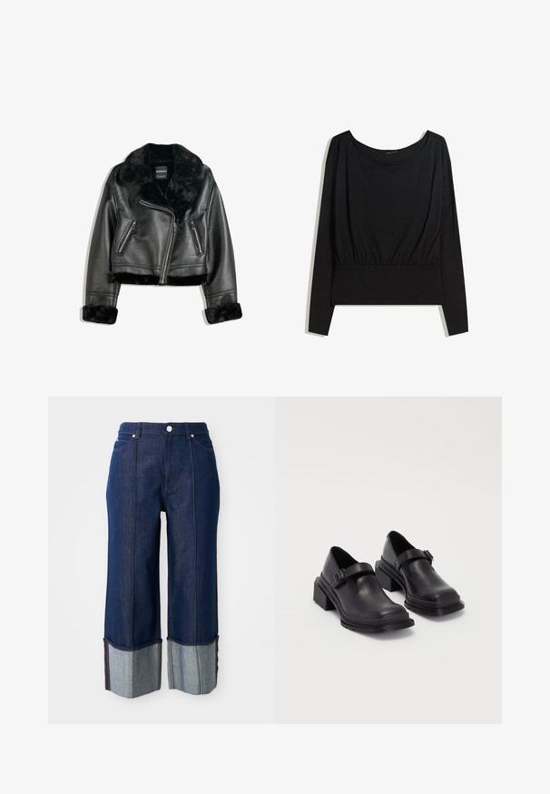 Black faux leather biker jacket with plush fur collar, cuffs, and hem, featuring diagonal zipper and two zippered front pockets.; Black long-sleeve top with a wide neckline, gathered waist, and smooth texture. Simple design with no patterns or distinct hardware.; Dark blue wide-leg jeans with folded cuffs showing lighter denim inside, front button, and pockets on a white background.; Black leather shoes with a rounded toe, flat sole, and a strap with a buckle detail. Chunky block heel for added stability.