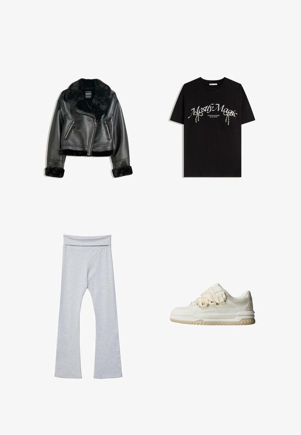 Musta keinonahkainen biker-takki, jossa on ylellinen turkiskaulus, hihansuut ja helma. Takissa on viisto vetoketju ja kaksi vetoketjullista etutaskua.; Musta puuvillainen t-paita, jossa on valkoiset "Mostly Magic" -tekstit ja koristeelliset helmiakoristeet. Lyhyet hihat, rento malli ja pyöreä kaula-aukko.; Harmaat levenneuleggings, joissa on leveä ja pehmeä vyötärö, valmistettu sileästä ja joustavasta kankaasta. Ominaisuuksia ovat istuva muoto ja nilkkapituinen leikkaus.; Matalat tennarit luonnonvalkoisesta nahasta verkkoyksityiskohdilla, paksuilla nauhoilla, pehmustetulla pohjalla ja kuvioidulla päällisellä.