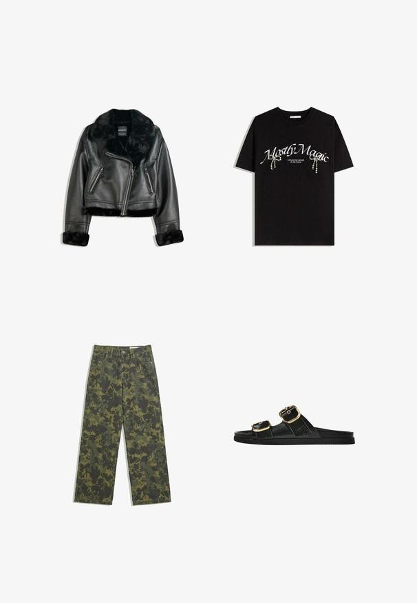 Fekete műbőr motoros dzseki bolyhos szőrme gallérral, mandzsettákkal és aljjal, átlós cipzárral és két cipzáros elülső zsebbel.; Fekete pamut póló, melyen fehér "Mostly Magic" felirat látható, valamint díszes gyöngy részletekkel van díszítve. Rövid ujjak, laza fit, kerek nyakú.; Zöld és olíva színű, levélmintás, baggy fazonú nadrág. Pamutból készült, klasszikus öt zsebes kialakítással és gombos zárral.; Fekete csúszó szandál, két arany csattal, sima textúrájú anyagból, lapos talppal és minimalista dizájnnal.