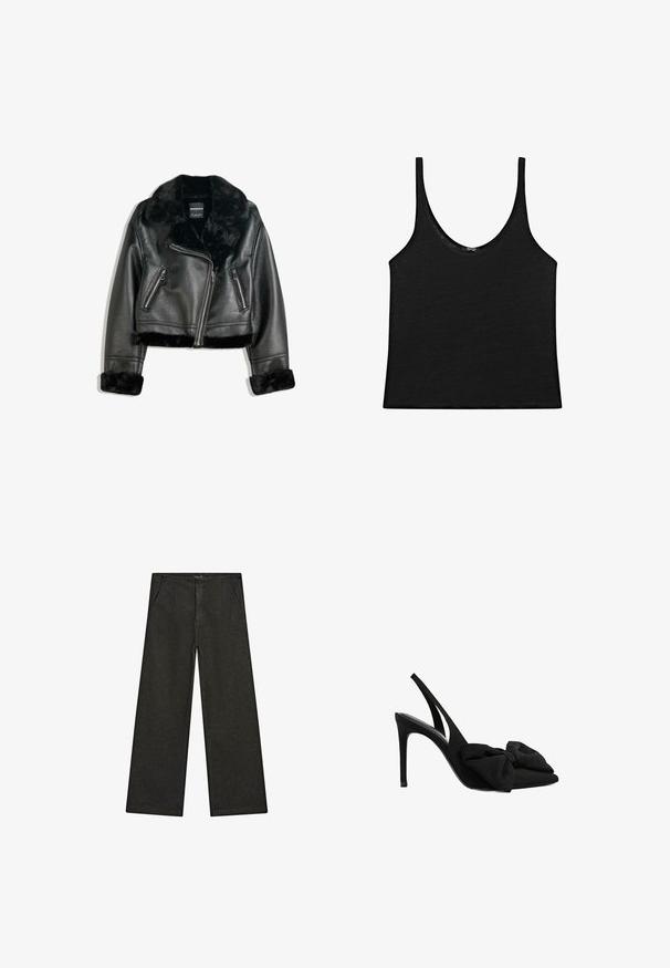 Sort faux læder bikerjakke med plyskrave, manchetter og bund, med diagonalt lynlås og to lynlåslommer foran.; Sort tanktop i blødt stof med rund halsudskæring og tynde stropper. Enkel, cropped design med rene kanter og uden mønstre.; Videbenede sorte denim bukser med en mid-rise talje, to forlommer og et rent, minimalistisk design uden synlige dekorationer.; Sorte slingback højhælede sko lavet af glat stof med spids tå og stofsløjfe detalje foran. Slank stilet-to.