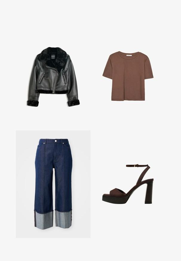 Musta keinonahkainen biker-takki, jossa on ylellinen turkiskaulus, hihansuut ja helma. Takissa on viisto vetoketju ja kaksi vetoketjullista etutaskua.; Kahvinsävyinen lyhythihainen t-paita, joka on valmistettu pehmeästä kankaasta. Pyöreä pääntie ja rento malli. Ei näkyviä kuvioita tai koristeita.; Tummansiniset leveät farkut, joissa on käänteet, jotka näyttävät vaaleampaa denimiä, edessä nappi ja taskut valkoista taustaa vasten.; Ruske kožne sandale s visokom potpeticom, otvorenim prstima, podesivim kopčanjem oko gležnja i prugastim platformskim đonom.