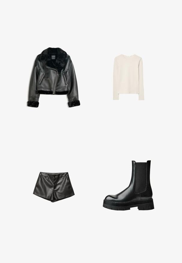 Crna jakna od umjetne kože s bikerskim stilom, s plišanom kragnom, manžetama i rubom, s dijagonalnim patentnim zatvaračem i dva patentna zatvarača na prednjim džepovima.; Svijetlo bež majica dugih rukava napravljena od mekanog materijala, s okruglim izrezom i opuštenim krojem s ravnim rubom i minimalnim detaljima šivanja.; Crne kožne kratke hlače s krojem, bočnim džepovima, prednjim kopčanjem na dugme i glatkom, sjajnom teksturom.; Crna kožna gležnjača s elastičnim bočnim panelom, okruglim vrhom, grubom platformskom potplatom i teksturiranom gornjom stranom za bolji hvat.