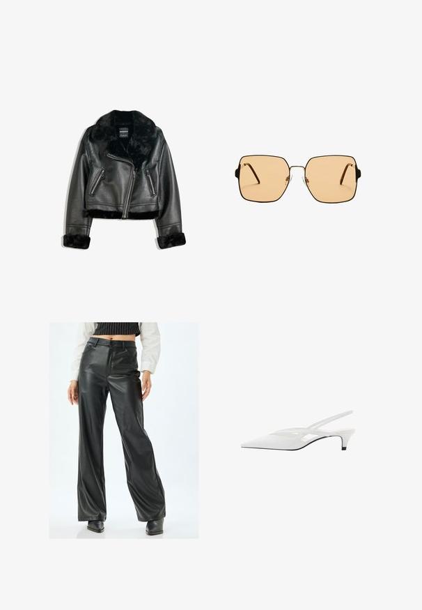 Czarna kurtka motocyklowa z sztucznej skóry z puszystym futrzanym kołnierzem, mankietami i dołem, z ukośnym zamkiem błyskawicznym oraz dwoma przednimi kieszeniami zapinanymi na zamek.; Biała krótka koszulka z miękkiej bawełny, z okrągłym dekoltem i luźnym krojem, z prostym wykończeniem, gładka, bez wzorów i grafik.; Czarne szerokie spodnie z faux skóry z wysokim stanem, przednimi kieszeniami i gładką fakturą. Posiadają pojedyncze zapięcie na guzik i szlufki na pasek.; Biała szpilka na odkrytej pięcie z ostrym noskiem, charakteryzująca się gładką cholewką, subtelnymi wycięciami i niskim obcasem w kształcie bloku. Czarna podeszwa podkreśla design.; Kwadratowe okulary przeciwsłoneczne z brązowymi soczewkami i cienką, czarną metalową oprawą. Posiadają skośne zauszniki i regulowane noski dla większego komfortu.