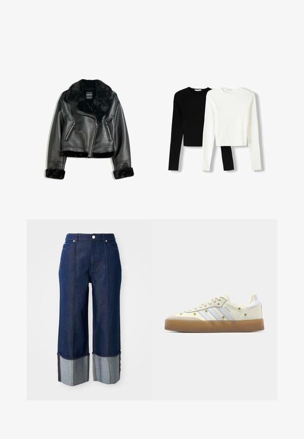 Jachetă de motociclist din piele ecologică neagră, cu guler, mansete și tiv din blană pufoasă, având fermoar diagonal și două buzunare frontale cu fermoar.; Două bluze scurte cu mânecă lungă, una neagră și una albă, fabricată dintr-un material neted, cu decolteu rotund și un design ajustat.; Jeanși largi, de culoare albastru închis, cu manșete pliate care dezvăluie denim mai deschis, cu nasture frontal și buzunare, pe un fundal alb.; Adidași crem cu dungi bleu deschis, talpă din gumă și detalii decorative sub formă de flori galbene pe materialul superior. Design cu vârf rotund.