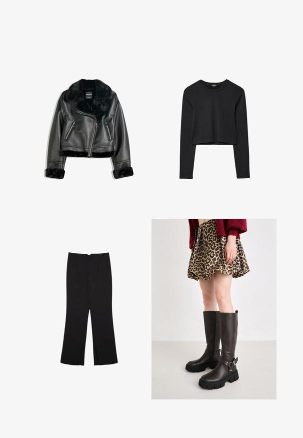 Svart bikerjacka i konstläder med mjuk pälskrage, ärmar och nederkant, med diagonal dragkedja och två fickor med dragkedja fram.; Svart långärmad croppad topp med rund halsringning, enkel design och en något rundad nederkant.; Svarta byxor med rak passform, utrustade med framfickor och sidoklyvningar vid fållen. Tillverkade av mjukt, slätt tyg. Lämpliga för olika tillfällen.; Bruna läderknähöga stövlar med en tjock svart plattformssula, prydda med ett spänne, i kombination med en leopardskinnkjol.