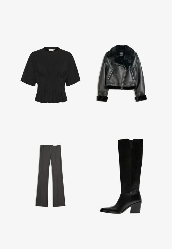 Fekete műbőr motoros dzseki bolyhos szőrme gallérral, mandzsettákkal és aljjal, átlós cipzárral és két cipzáros elülső zsebbel.; Fekete, rövid ujjú felső, kerek nyakkivágással, plisszírozott részletezéssel és a derekánál szűkített fazonnal, ami az aljánél bővül. Puha anyagból készült.; Szürke, bővülő nadrág sima anyagból, lapos elejű, övakasztókkal, elegáns fazonban, tiszta vonalakkal.; Fekete, térd fölé érő csizma sima bőrből, hegyes orral, tömbsarkával és V-alakú kivágással a tetején.
