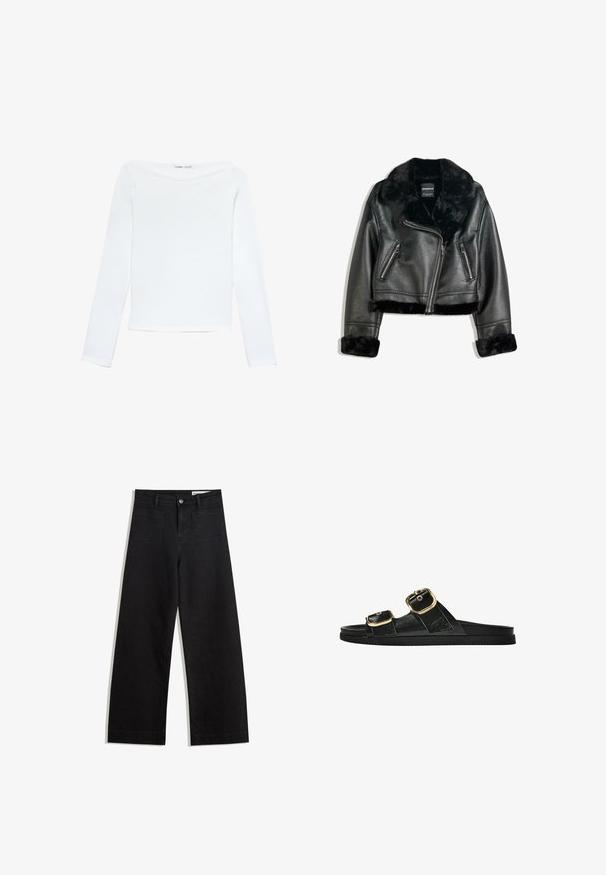 Zwarte neplederen motorjack met een pluizige hals, manchetten en zoom, voorzien van een diagonale rits en twee ritszakken aan de voorkant.; Witte lange mouwen bootnek shirt met een slim fit en gladde textuur, plat gelegd op een witte achtergrond.; Zwarte denim broek met wijde pijpen en een hoge taille, voorzien van voor- en achterzakken, gestikte naden en een knoopsluiting. Gladde textuur.; Zwarte slipper met twee gouden gesps, gladde textuur, platte zool en een minimalistisch ontwerp.