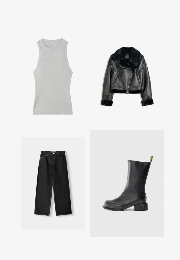 Giacca da motociclista in finta pelle nera con colletto, polsini e bordo in pelliccia morbida, caratterizzata da una zip diagonale e due tasche frontali con zip.; Tezenis Top - grau grigio melange chiaro; Jeans larghi in denim nero con cinque tasche, chiusura con bottone metallico e zip, e cuciture gialle a contrasto lungo le cuciture.; Stivale alla caviglia in pelle nera con tacco a blocco, texture liscia, punta rotonda e linguetta sul tallone con branding giallo.