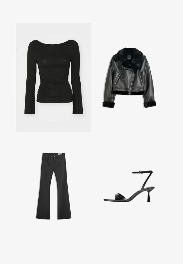 Fekete műbőr motoros dzseki bolyhos szőrme gallérral, mandzsettákkal és aljjal, átlós cipzárral és két cipzáros elülső zsebbel.; Fekete, hosszú ujjú felső, testhezálló fazonnal, oldalán redőzött részletekkel, puha, rugalmas anyagból készült, széles dekoltázzsal.; Fekete, sima textúrájú farmer flare nadrág, két hátsó zsebbel és gombos derékkal.; Bershka Magas sarkú szandálok - black