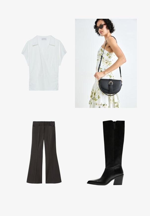 Černá faux kožená motocyklová bunda s plyšovým límcem, manžetami a spodním lemem, s šikmým zipem a dvěma zipovými předními kapsami.; Bílá blůza s límcem z hladkého materiálu, s krátkými rukávy a nařasením v pase pro uvolněný střih.; Černé rozšířené kalhoty s vysokým pasem; mají dvě přední kapsy a hladkou texturu látky. Vhodné pro různé příležitosti.; Černé kozačky po kolena vyrobené z hladké kůže, s špičatou špičkou, blokovým podpatkem a výřezem ve tvaru V na vrchu.; Černá kožená kabelka s křivkovým tvarem, odnímatelným popruhem a zlatými detaily. Kabelka má klopu s přezkou.