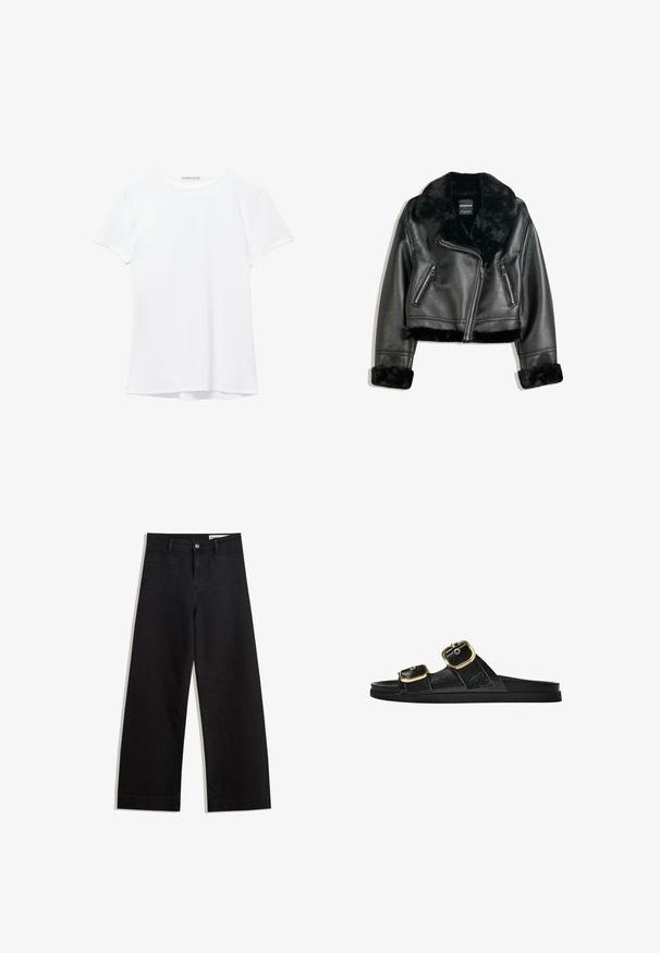 Čierna koženka biker bunda s plyšovým golierom, manžetami a lemom, s diagonálnym zipsom a dvoma zipsovými prednými vreckami.; Biela tričká s krátkym rukávom vyrobené z hladkej tkaniny, s okrúhlym výstrihom a jemnými švami na leme.; Čierne denimové nohavice s širokými nohavicami a vysokým pásom, so prednými a zadnými vreckami, šitými švami a zapínaním na gombík. Hladká textúra.; Čierne šľapky s dvoma zlatými prackami, hladký textúrovaný materiál, plochá podrážka a minimalistický dizajn.