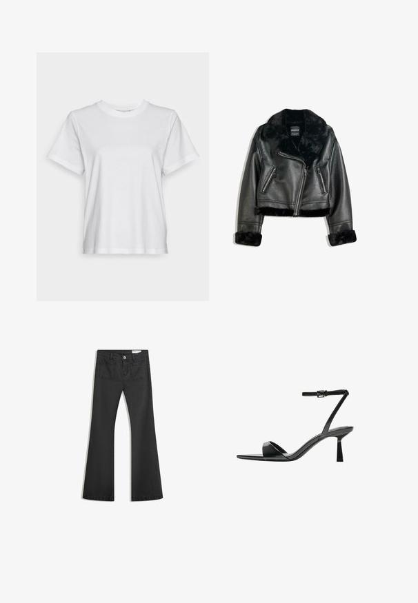 Black faux leather biker jacket with plush fur collar, cuffs, and hem, featuring diagonal zipper and two zippered front pockets.; White cotton t-shirt with short sleeves, round neck, and a relaxed fit. Smooth texture, no patterns or graphics, basic design.; Black flared jeans made of denim with a smooth texture, featuring two back pockets and a button closure at the waist.; Bershka High heeled sandals - black