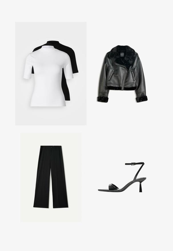Zwarte neplederen motorjack met een pluizige hals, manchetten en zoom, voorzien van een diagonale rits en twee ritszakken aan de voorkant.; Set van twee aangesloten coltruien in het wit en zwart. Korte mouwen, gladde katoenen stof en nauwsluitend ontwerp. Geen patronen of graphics.; Bershka WIDE - Broek - black; Bershka Sandalen met hoge hak - black