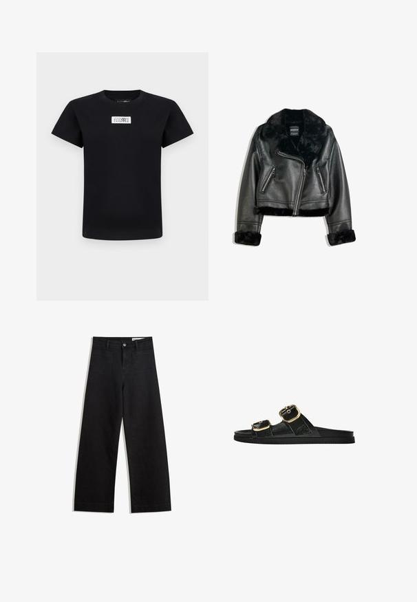 Black faux leather biker jacket with plush fur collar, cuffs, and hem, featuring diagonal zipper and two zippered front pockets.; Black short-sleeve T-shirt with a white rectangular patch on the chest featuring black numbers arranged in rows.; Black wide-leg denim pants with a high waist, featuring front and back pockets, stitched seams, and a button closure. Smooth texture.; Black slide sandal with two gold buckle accents, smooth textured material, flat sole, and a minimalist design.