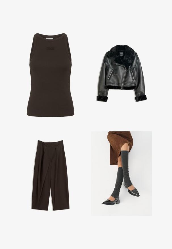 Čierna koženka biker bunda s plyšovým golierom, manžetami a lemom, s diagonálnym zipsom a dvoma zipsovými prednými vreckami.; Hnedý rebrovaný top bez rukávov s vysokým golierom, ktorý má na oblasti hrudníka jemné logo. Vyrobený z elastického materiálu.; Tmavohnedé široké nohavice s vysokým pásom, s jedným gombíkom a záhybmi vpredu. Vyrobené z ľahkej textílie.; Čierne lakované kožené topánky s špicatou špičkou, blokovým podpätkom a členkovým remienkom, ktoré sú kombinované so šedými rebrovanými legínami a hnedou zamšovou sukňou.