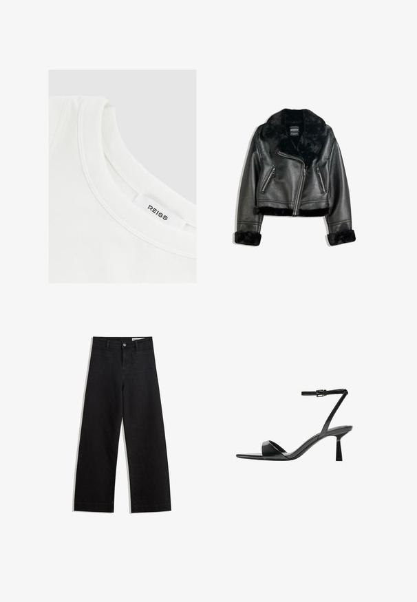 Musta keinonahkainen biker-takki, jossa on ylellinen turkiskaulus, hihansuut ja helma. Takissa on viisto vetoketju ja kaksi vetoketjullista etutaskua.; Valkoinen puuvillapaita, jossa on pyöreä pääntie ja ommeltuja yksityiskohtia; tarrassa lukee "REISS." Liukas pinta, yksinkertainen muotoilu.; Mustat leveät farkut korkealla vyötäröllä, joissa on etu- ja takataskut, ommellut saumat ja nappisuljenta. Silkinoinen rakenne.; Bershka Korolliset sandaalit - black
