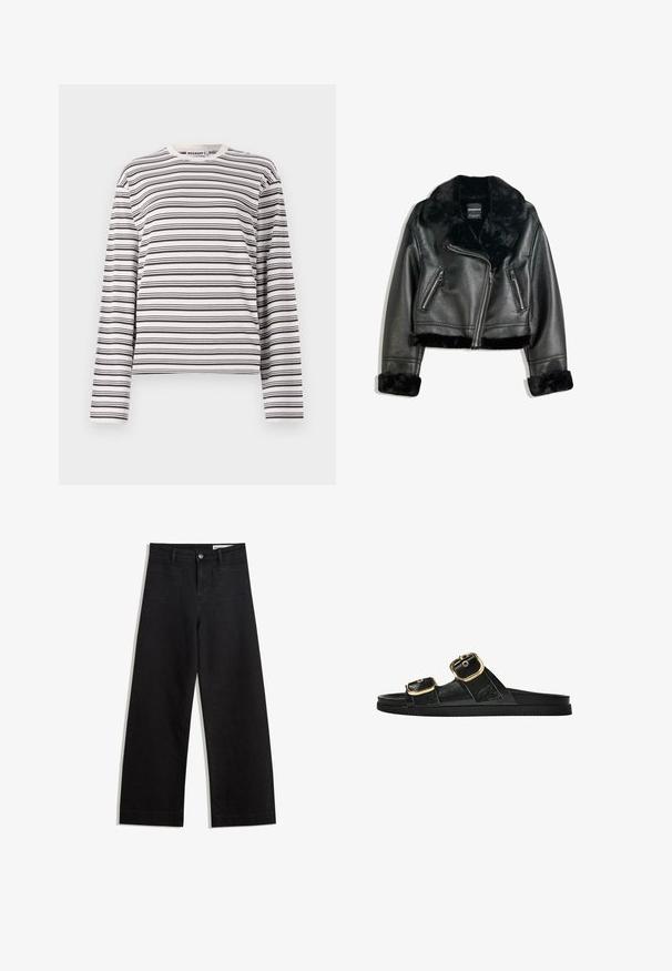 Zwarte neplederen motorjack met een pluizige hals, manchetten en zoom, voorzien van een diagonale rits en twee ritszakken aan de voorkant.; Langarm T-shirt in cream met horizontale zwarte strepen, ronde halslijn en een relaxte pasvorm. Katoenen materiaal met een soepele textuur.; Zwarte denim broek met wijde pijpen en een hoge taille, voorzien van voor- en achterzakken, gestikte naden en een knoopsluiting. Gladde textuur.; Zwarte slipper met twee gouden gesps, gladde textuur, platte zool en een minimalistisch ontwerp.