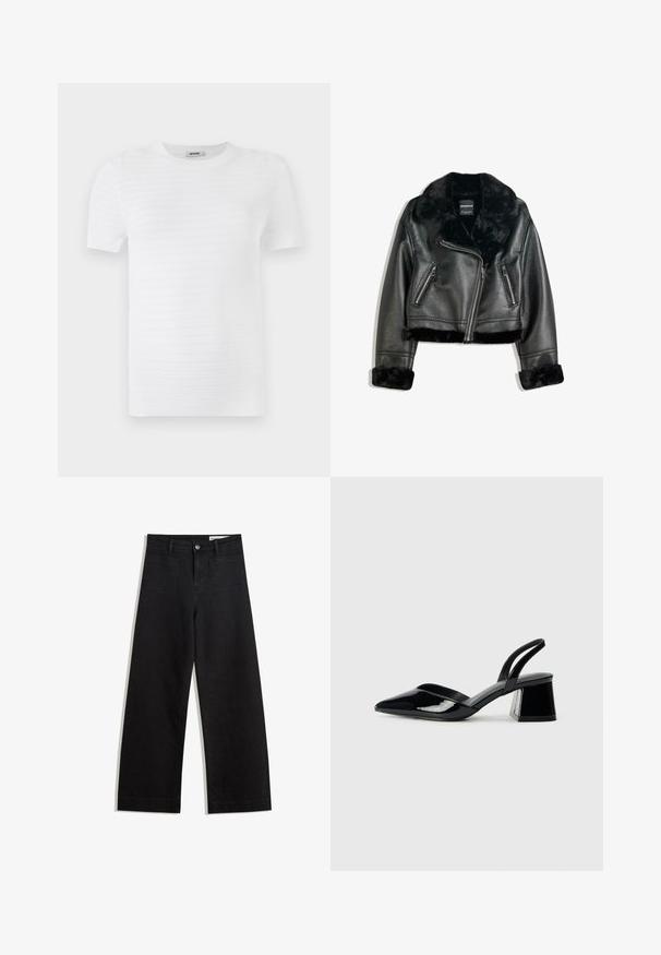 Black faux leather biker jacket with plush fur collar, cuffs, and hem, featuring diagonal zipper and two zippered front pockets.; White short-sleeve t-shirt made of textured fabric featuring a ribbed pattern. The design includes a round neckline and a straight fit.; Black wide-leg denim pants with a high waist, featuring front and back pockets, stitched seams, and a button closure. Smooth texture.; Black patent leather slingback heels with a pointed toe and a geometric block heel. Features a sleek, minimal design and smooth texture.