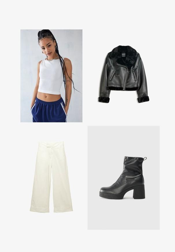 Giacca da motociclista in finta pelle nera con colletto, polsini e bordo in pelliccia morbida, caratterizzata da una zip diagonale e due tasche frontali con zip.; BDG Urban Outfitters SLASH NECK TANK - Top - white; Pantaloni a gamba larga in morbido tessuto color crema. Presentano una vita liscia e orli arrotolati. Tessuto liscio con un design pulito e minimalista.; Stivali neri alla caviglia in pelle liscia, con zip laterale, tacco spesso e texture, e punta arrotondata.