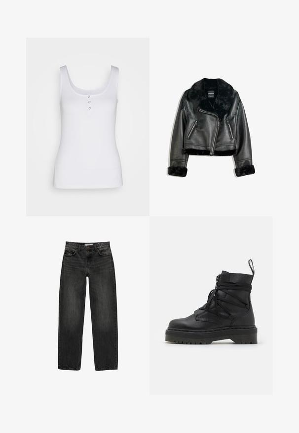 Giacca da motociclista in finta pelle nera con colletto, polsini e bordo in pelliccia morbida, caratterizzata da una zip diagonale e due tasche frontali con zip.; Canotta bianca in tessuto a costine, con scollatura a barchetta e tre bottoni a pressione metallici sul davanti. Texture morbida, forma aderente.; Jeans in denim nero con una vestibilità rilassata, gamba dritta, design a cinque tasche e una texture leggermente sbiadita. Chiusura con bottone e zip nella parte anteriore.; Stivale alla caviglia in pelle nera con suola sagomata e spessa, dotato di chiusura zip, design con lacci e un tassello sul retro.