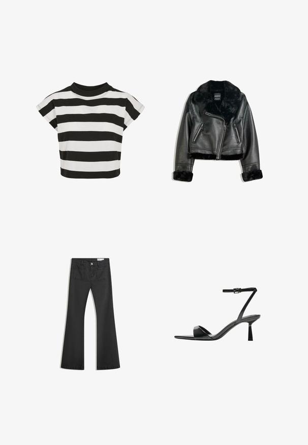 Črna umetna usnjena kratka jakna za motoriste s puhasto krzneno ovratnico, zapestji in robom, z diagonalnim zadrgo in dvema zadrgo zaprtima sprednjima žepoma.; Črno-bela prugasta kratka majica s okroglim izrezom in kratkimi, kapicami; izdelana iz mehkega bombažnega materiala.; Črne flare traperke z gladko teksturo, opremljene z dvema zadnjima žepoma in gumbnim zapiranjem v pasu.; Bershka Sandali z visoko peto - black