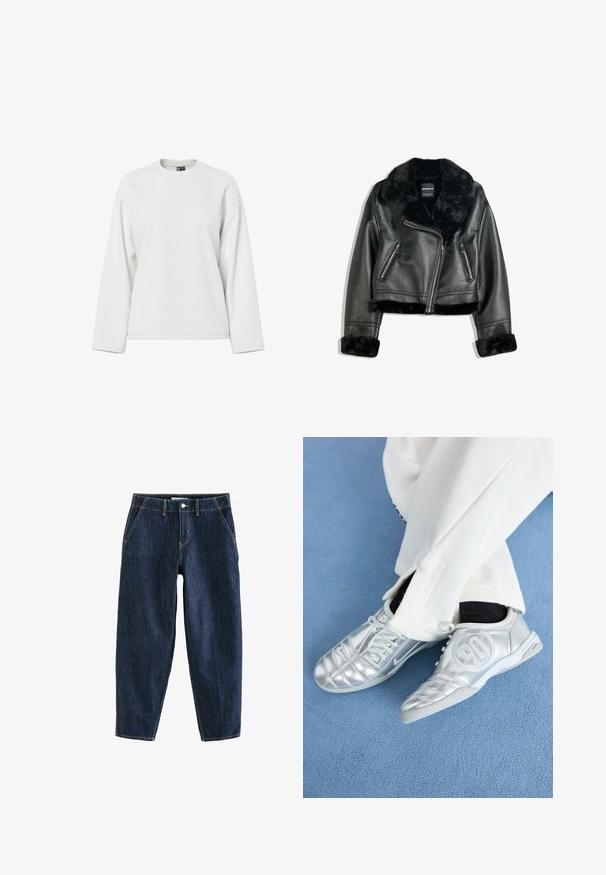 Zwarte neplederen motorjack met een pluizige hals, manchetten en zoom, voorzien van een diagonale rits en twee ritszakken aan de voorkant.; Witte sweatshirt met lange mouwen, een ronde halslijn, een ontspannen pasvorm en een zachte textuur. Geen zichtbare patronen of hardwaredetails.; Donkerblauwe denim broek met een losse pasvorm, voorzien van vijf zakken, riemlussen en contrasterende gele stiksels. Schoon, textuurachtig stof.; Zilveren sportschoenen met een gladde, glanzende afwerking, voorzien van een gestikt ontwerp en het nummer 90 aan de zijkant, gecombineerd met witte broek.