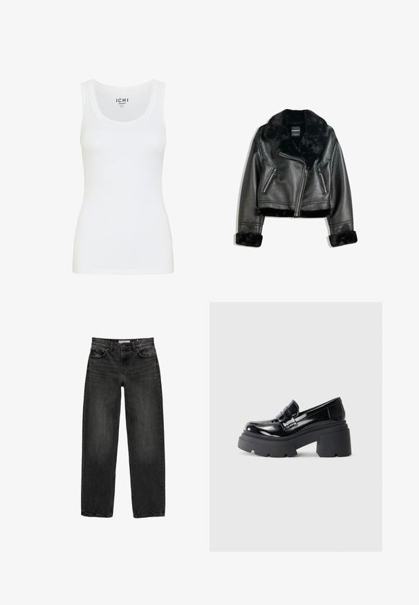 Giacca da motociclista in finta pelle nera con colletto, polsini e bordo in pelliccia morbida, caratterizzata da una zip diagonale e due tasche frontali con zip.; Top bianco senza maniche realizzato in tessuto liscio. Presenta un collo rotondo e spalline larghe. Design leggermente aderente senza motivi visibili o decorazioni.; Jeans in denim nero con una vestibilità rilassata, gamba dritta, design a cinque tasche e una texture leggermente sbiadita. Chiusura con bottone e zip nella parte anteriore.; Mocassini a piattaforma in pelle verniciata nera con suola in gomma spessa, caratterizzati da una parte anteriore in stile mocassino e da una larga fascia decorativa sulla parte superiore.