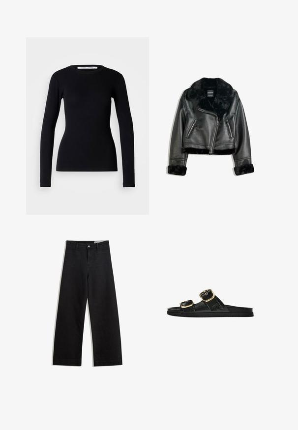 Black faux leather biker jacket with plush fur collar, cuffs, and hem, featuring diagonal zipper and two zippered front pockets.; Black long-sleeve top made from ribbed fabric. Features a round neckline and fitted shape. No patterns or embellishments. Simple design.; Black wide-leg denim pants with a high waist, featuring front and back pockets, stitched seams, and a button closure. Smooth texture.; Black slide sandal with two gold buckle accents, smooth textured material, flat sole, and a minimalist design.