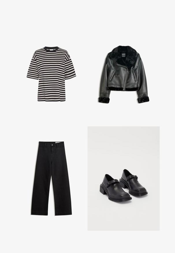 Schwarze Kunstleder-Bikerjacke mit plüschigem Fellkragen, -manschetten und -saum, diagonalem Reißverschluss und zwei Reißverschlusstaschen vorne.; Gestreiftes T-Shirt in Marineblau und Creme, mit rundem Ausschnitt, kurzen Ärmeln, kastiger Form und weichem Baumwollstoff.; Schwarze weit geschnittene Jeans mit hoher Taille, ausgestattet mit Vorder- und Hintertaschen, gesteppten Nähten und einem Knopfverschluss. Glatte Textur.; Schwarze Lederhalbschuhe mit runder Zehenpartie, flacher Sohle und einem Riemen mit Schnallen-Detail. Robuster Blockabsatz für zusätzliche Stabilität.